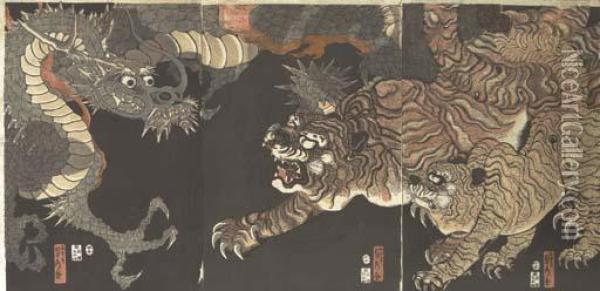 Triptych, Tigers And Dragon Fighting Oil Painting - Sadahide Hashimoto