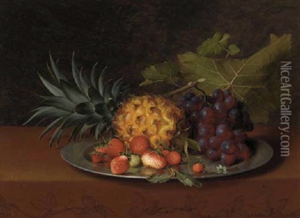 A Pineapple, Strawberries And Grapes On A Pewter Platter Oil Painting - Otto Didrik Ottesen