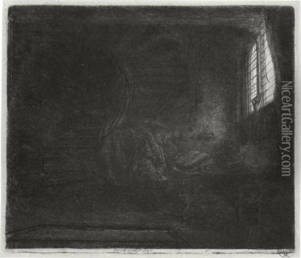 St. Jerome In A Dark Chamber (b., Holl. 105; H. 201; Bb. 42-e) Oil Painting - Rembrandt Van Rijn