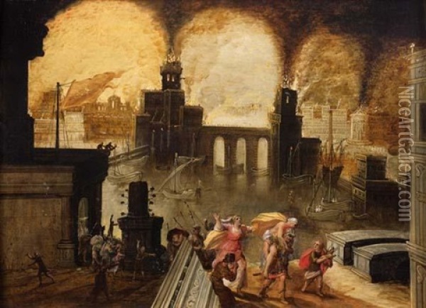 L'incendie De Troie Avec La Fuite D'enee Et De Sa Famille Oil Painting - Daniel van Heil