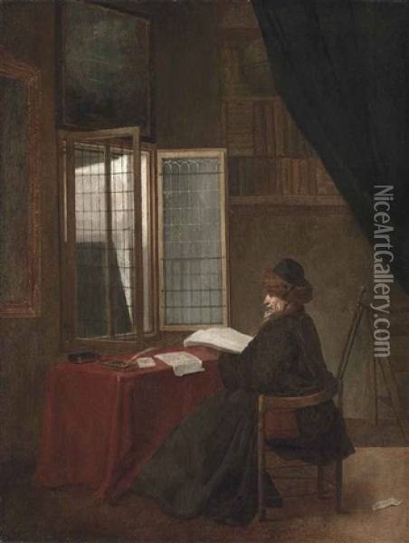 An Old Man Seated At His Desk Before An Open Window, Holding A Book Oil Painting - Jacobus Vrel