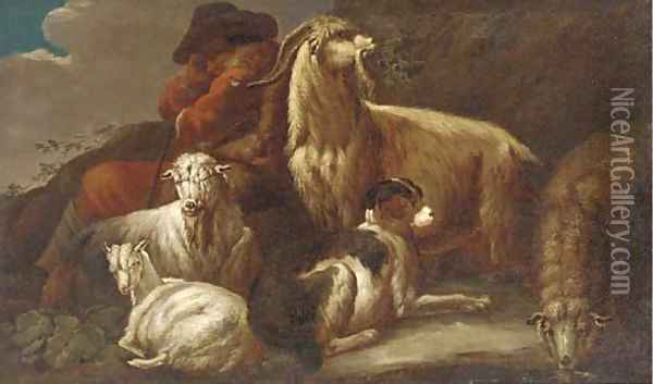 A shepherd resting with sheep, goats and a dog Oil Painting - Philipp Peter Roos