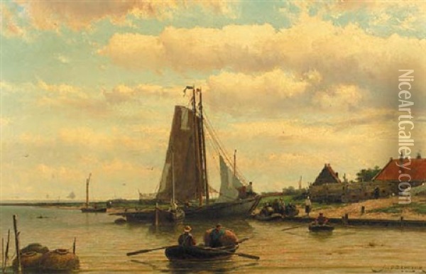 A Sunny Day With Fisherfolk Setting Out Fish Traps Oil Painting - Johannes Hermanus Barend Koekkoek