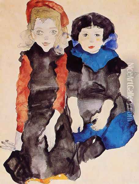 Two Little Girls Oil Painting - Egon Schiele