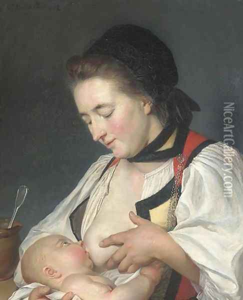 A Mother feeding her child Oil Painting - Nicolas Benjamin Delapierre