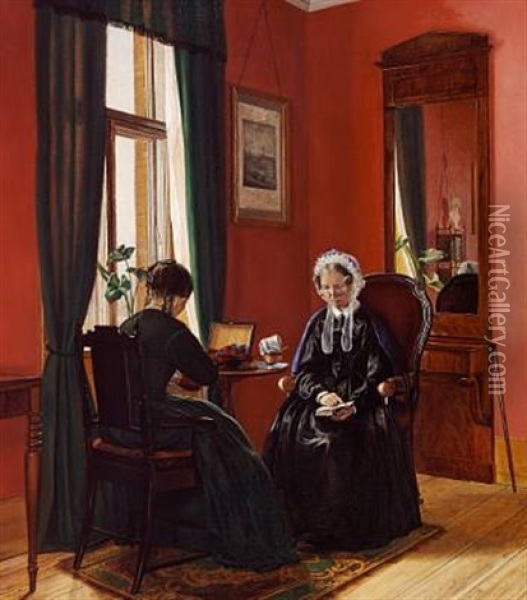 Interior With The Artist's Mother Reading And The Artist's Sister Sewing Oil Painting - Vilhelmine Marie Bang