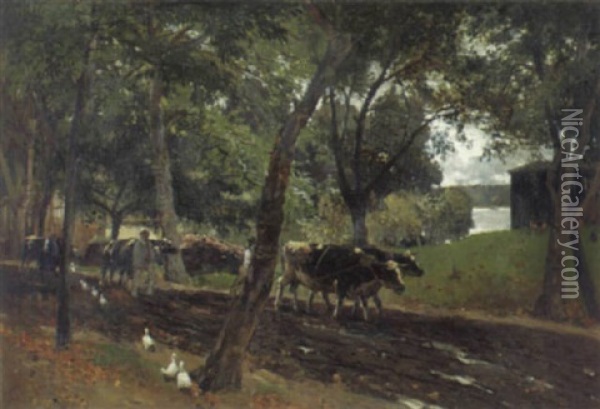 Austrieb Der Kuhe Auf Einer Markischen Dorfstrase Oil Painting - Julius Jacob the Younger