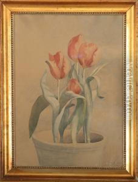 Red Tulips In A Flower Pot Oil Painting - Elise Konstantin-Hansen