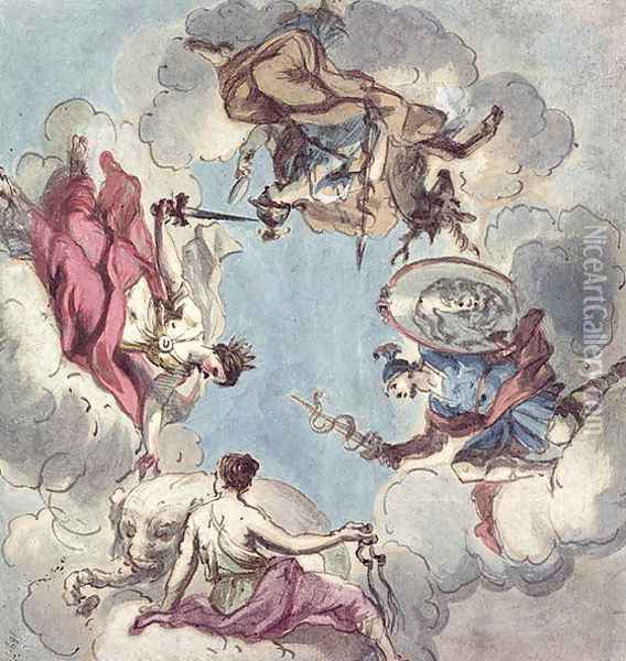 Design for a Ceiling: The Four Cardinal Virtues, Justice, Prudence, Temperance and Fortitude Oil Painting - Sir James Thornhill