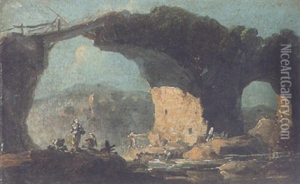Washerwomen At A River Beneath A Stone Bridge Oil Painting - Jean Baptiste Pillement