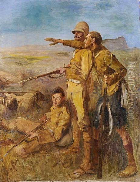 A Scots Fusilier And Other Soldiers During A Boer War Action, Possibly Spionkop Oil Painting - John Henry Frederick Bacon