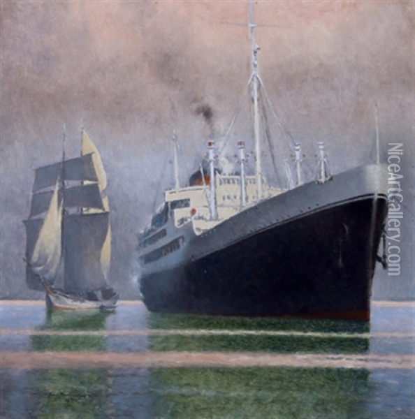 Gegensatze - Segelboot/dampfschiff Oil Painting - Josef Danilowatz