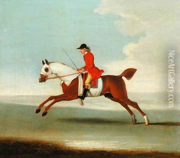 Galloping Racehorse and mounted Jockey in Red Oil Painting - James Seymour