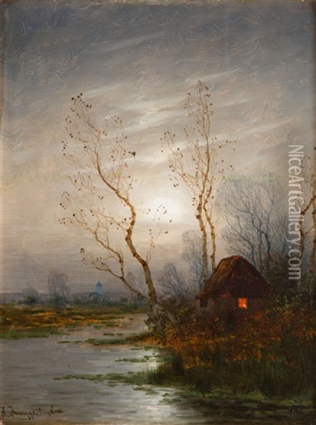 Nocturne With A Hut Oil Painting - Johann Jungblut