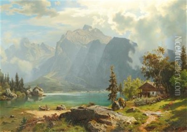 Mountain Lake With Chalet And Decorative Figures Oil Painting - August Wilhelm Leu