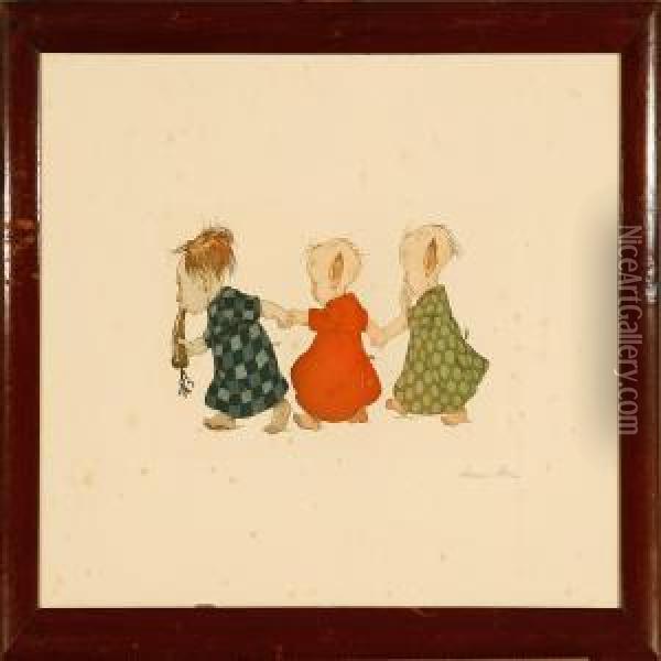 Three Troll Kids Oil Painting - Louis Moe