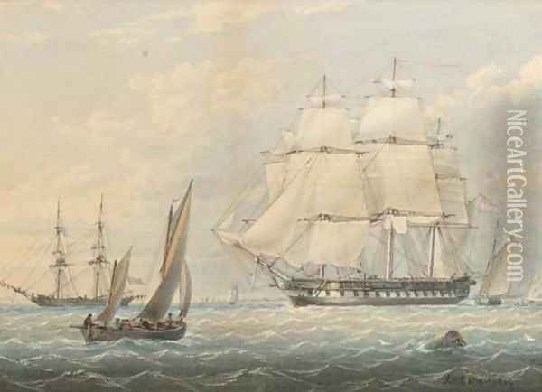 A Royal Naval frigate amidst other shipping at Spithead Oil Painting - James Wilson Carmichael