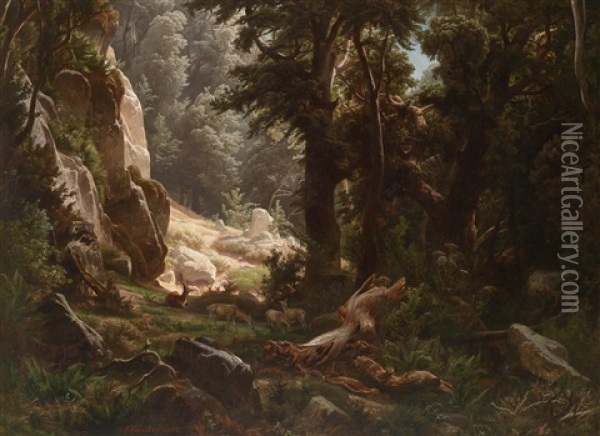 Rotwild Im Waldinneren Oil Painting - August Friedrich Kessler