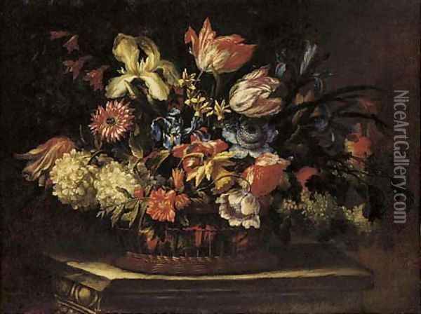 Tulips, irises, daffodils, poppies and other flowers in a basket on a plinth Oil Painting - Cornelis Kick
