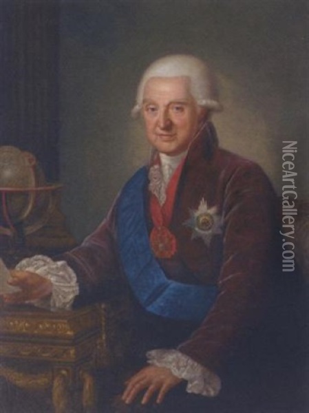 Portrait Of Prince Aleksandr Mikhailovich Golitzine Seated With His Right Arm Resting On A Desk Oil Painting - Francois Hubert Drouais