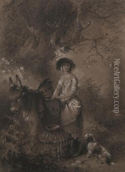 Woman With Her Laden Donkey, A Dog And Birdcage By A Tree Oil Painting - Edward Robert Smythe