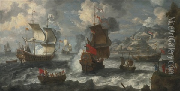 Shipping Off The Coast Near A Mediterranean Town Oil Painting - Jan Peeters the Elder