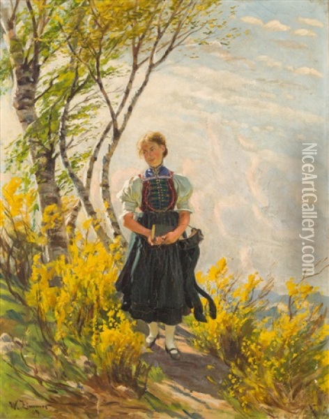 Madchen Auf Dem Heimweg Im Bluhenden Ginster Oil Painting - Wilhelm Carl August Zimmer