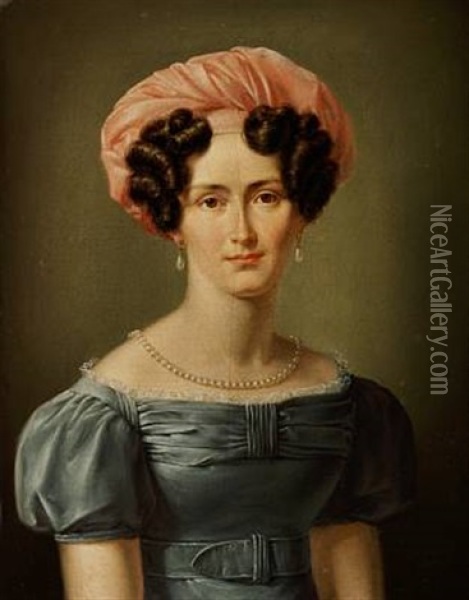 A Portrait Of A Woman With Pink Headgear Oil Painting - Christian Albrecht Jensen