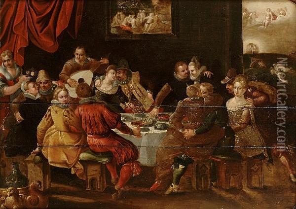 An Elegant Company Feasting And Making Music In An Interior, With The Resurrection Beyond Oil Painting - Dirck Barendsz.