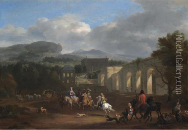 A Landscape With A Hunting Party In The Foreground Oil Painting - Jan von Huchtenburgh