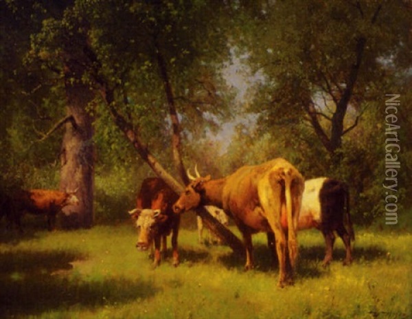 Cattle Grazing In The Woods Oil Painting - Hermann Herzog