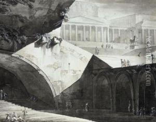 An Architectural Capriccio: Figures In The Vaults And On The Stepsof A Domed Palace Oil Painting - Pelagio Palagi