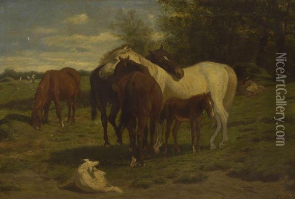 Pferde Am Waldrand Oil Painting - Karoly Lotz