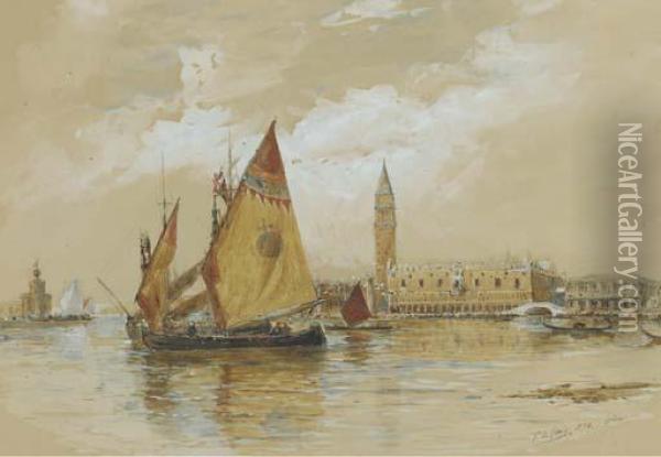 Fishing Craft On The Lagoon, Venice Before The Dogana Oil Painting - Thomas Bush Hardy