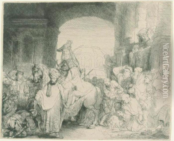 The Triumph Of Mordecai (b., Holl. 40; H. 172; Bb. 41-1) Oil Painting - Rembrandt Van Rijn