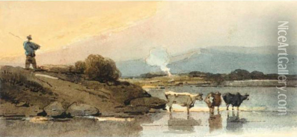 An Indian Herdsman On A Bank, Cattle Watering In A River Below Oil Painting - George Chinnery