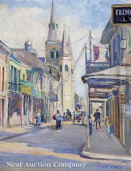 Chartres Street With A View Of St. Louis Cathedral, French Quarter Oil Painting - Jessie Barrows Jones