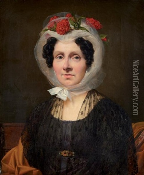 Portrait De Femme Au Fichu Pique De Fleurs Oil Painting - Alexandre Jean Dubois-Drahonet