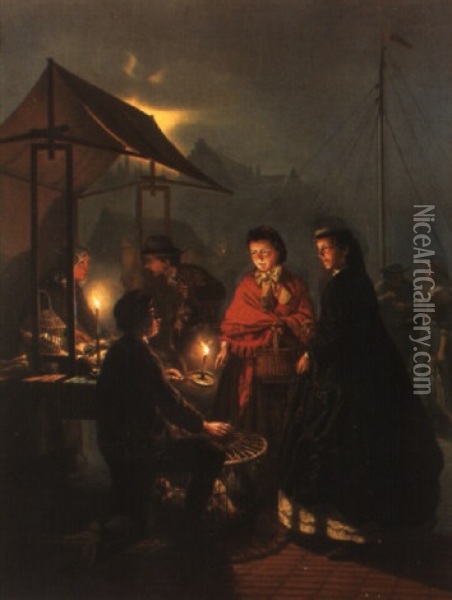 A Poultry Market By Candlelight Oil Painting - Petrus van Schendel