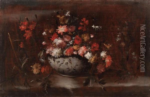 Natura Morta Con Fiori Entro Un Vaso Di Ceramica Oil Painting - Master Of The Guardeschi Flowers