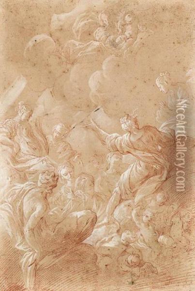The Madonna And Child Appearing To Female Saints Seated On Cloudswith Putti Oil Painting - Bartolomeo Biscaino
