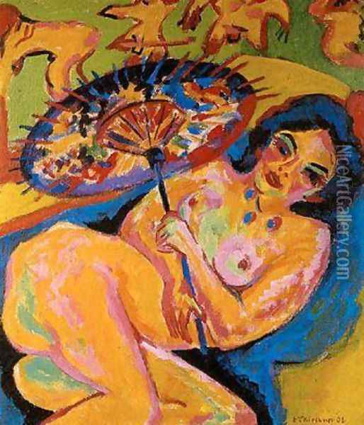 Girl Under a Japanese Parasol Oil Painting - Ernst Ludwig Kirchner