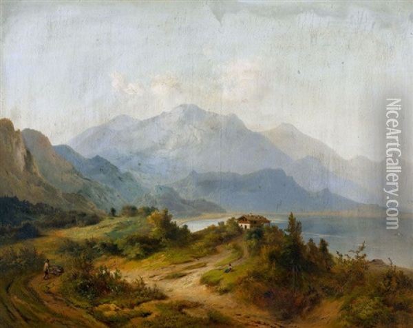 Bergsee Mit Haus Und Holzsammler Oil Painting - Karl August Aerttinger