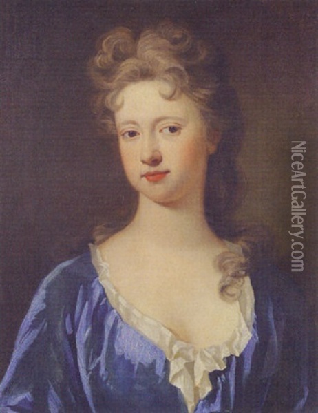Portrait Of A Lady Wearing A Blue Dress Oil Painting - Charles d' Agar