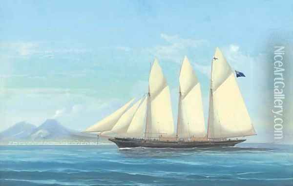 A three-masted schooner in the Mediterranean off Naples Oil Painting - A. De Simone