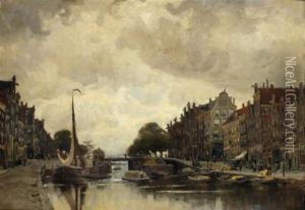 Korte Prinsengracht With The Eenhoorn Lock And The Westerdokbeyond, Amsterdam Oil Painting - Jan Hillebrand Wijsmuller