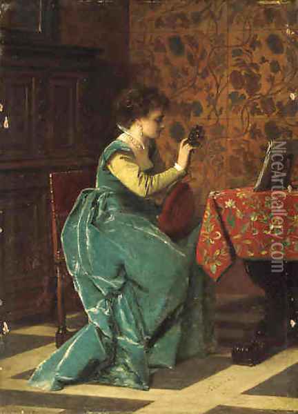 Tuning her Lute Oil Painting - Charles Francois Pecrus