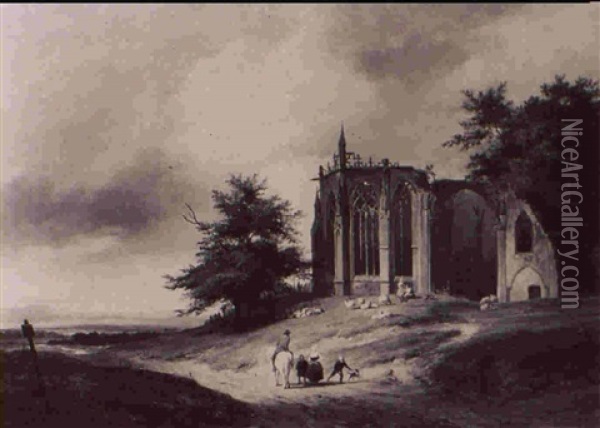 The Abbey Church Of Cleves As A Gothic Ruin Oil Painting - Pierre Louis Dubourcq