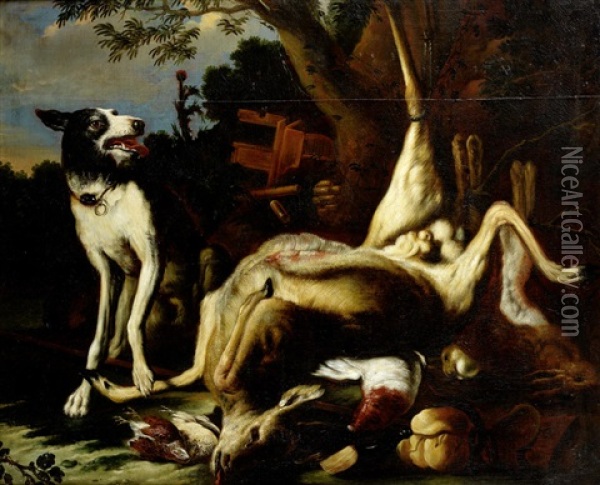 A Dog Seated Beside A Dead Deer And Hunting Paraphernalia Oil Painting - Jan Fyt