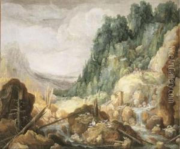 A Mountainous River Landscape 
With A Goatherder Resting On A Rock, A Watermill And A Waterfall Beyond Oil Painting - Tobias van Haecht (see Verhaecht)